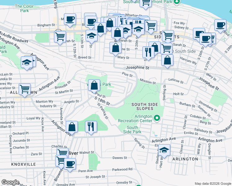 map of restaurants, bars, coffee shops, grocery stores, and more near 1930 Shamokin Street in Pittsburgh
