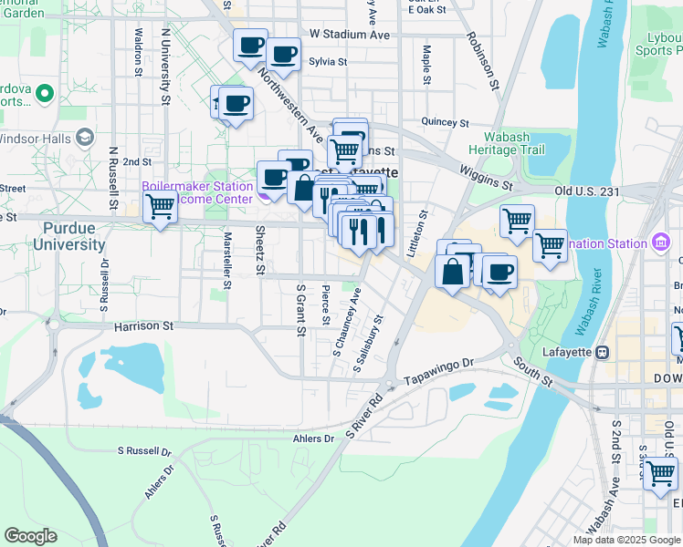 map of restaurants, bars, coffee shops, grocery stores, and more near 135 South Chauncey Avenue in West Lafayette