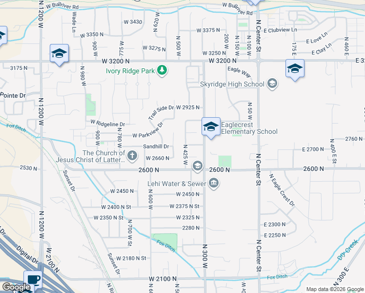map of restaurants, bars, coffee shops, grocery stores, and more near 2723 North 425 West in Lehi