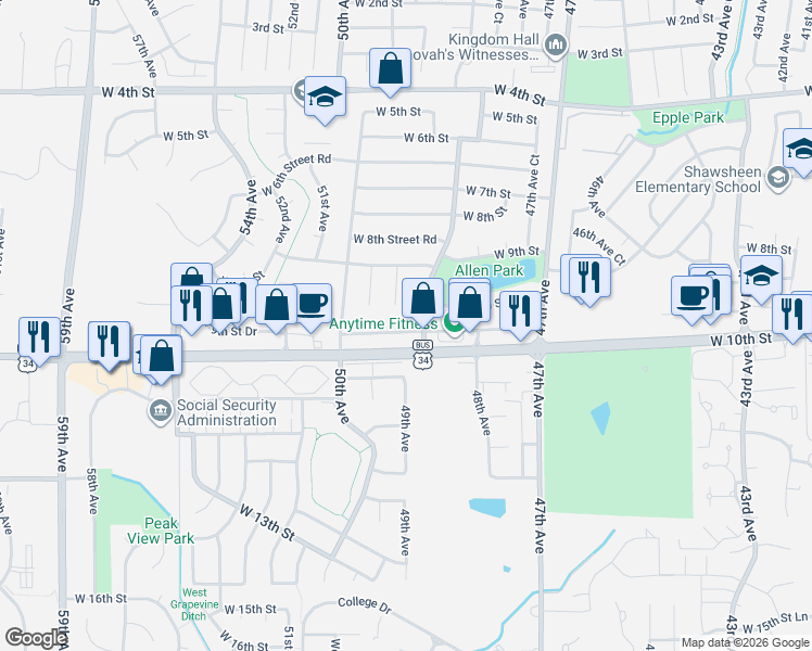 map of restaurants, bars, coffee shops, grocery stores, and more near 4916 West 9th Street Drive in Greeley