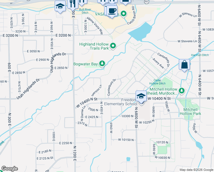 map of restaurants, bars, coffee shops, grocery stores, and more near 10475 Canterbury Drive in Highland