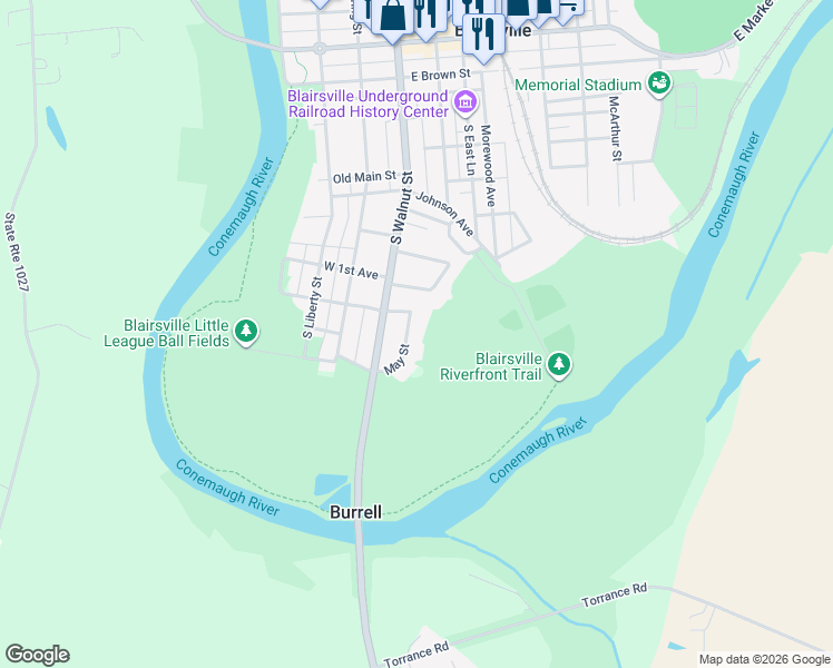 map of restaurants, bars, coffee shops, grocery stores, and more near 608 May Street in Blairsville