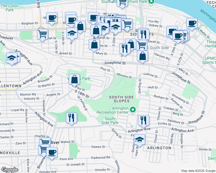 map of restaurants, bars, coffee shops, grocery stores, and more near 21 Saint Leo Street in Pittsburgh