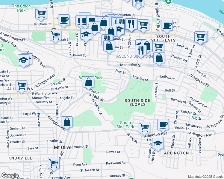 map of restaurants, bars, coffee shops, grocery stores, and more near 1922 Shamokin Street in Pittsburgh