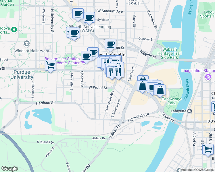 map of restaurants, bars, coffee shops, grocery stores, and more near 222 West Wood Street in West Lafayette