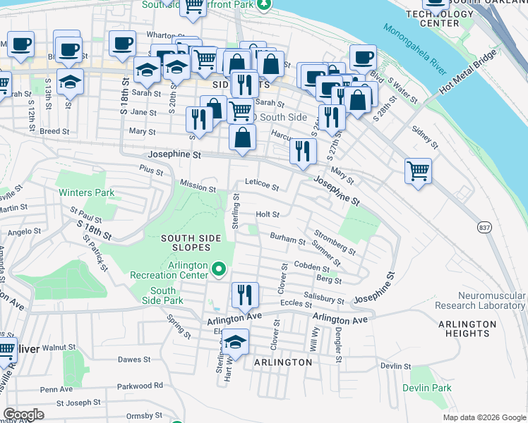 map of restaurants, bars, coffee shops, grocery stores, and more near 2410 Holt Street in Pittsburgh