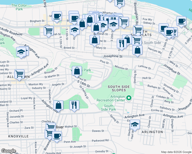 map of restaurants, bars, coffee shops, grocery stores, and more near 1930 Shamokin Street in Pittsburgh