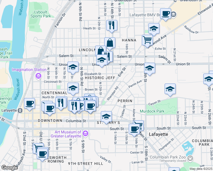 map of restaurants, bars, coffee shops, grocery stores, and more near 516 North 13th Street in Lafayette