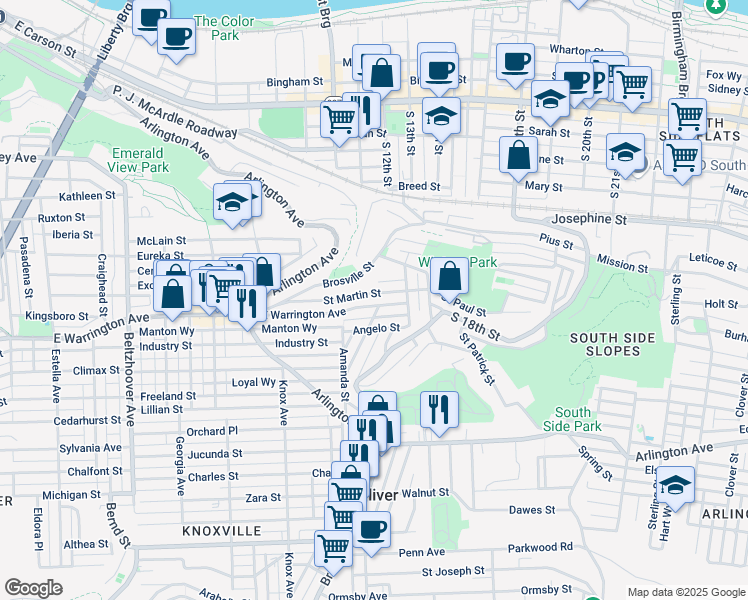 map of restaurants, bars, coffee shops, grocery stores, and more near 1018 East Warrington Avenue in Pittsburgh