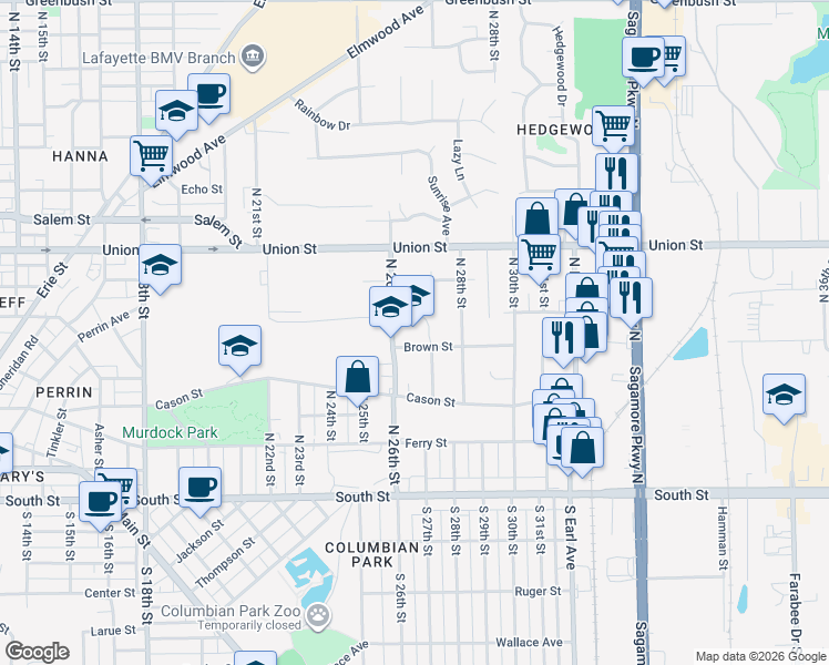 map of restaurants, bars, coffee shops, grocery stores, and more near 525 North 26th Street in Lafayette