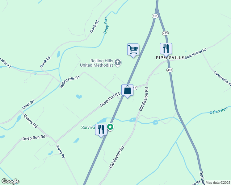 map of restaurants, bars, coffee shops, grocery stores, and more near 1611 Deep Run Road in Bucks County