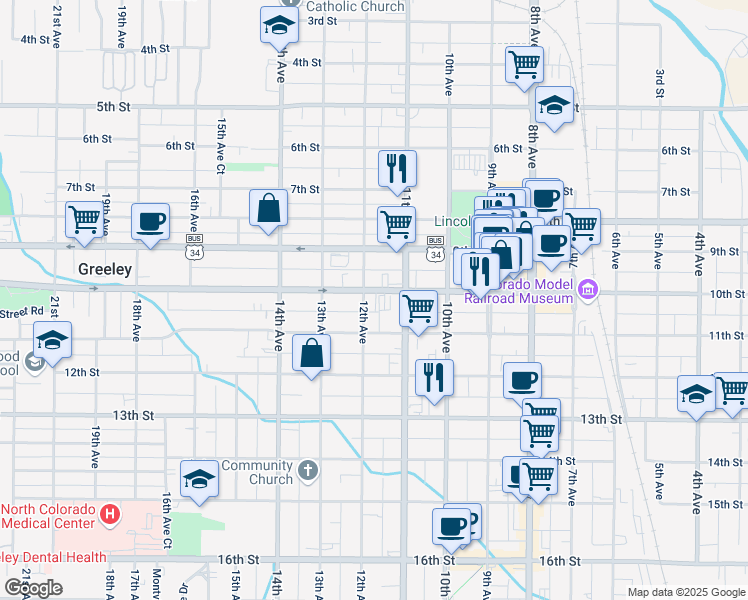 map of restaurants, bars, coffee shops, grocery stores, and more near 1015 11th Avenue in Greeley