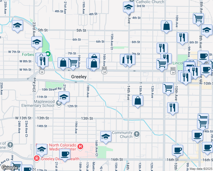 map of restaurants, bars, coffee shops, grocery stores, and more near 1519 11th Street in Greeley