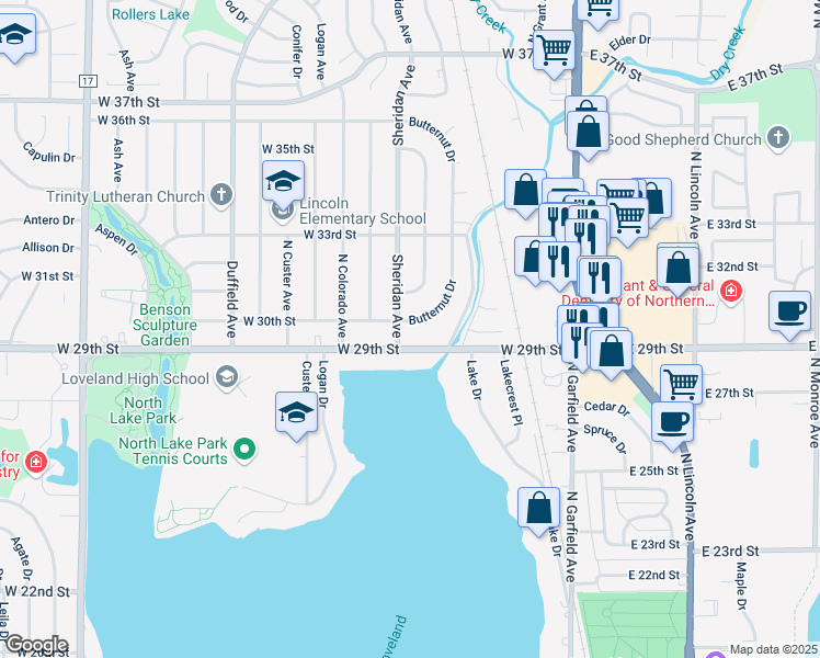 map of restaurants, bars, coffee shops, grocery stores, and more near 527 West 29th Street in Loveland