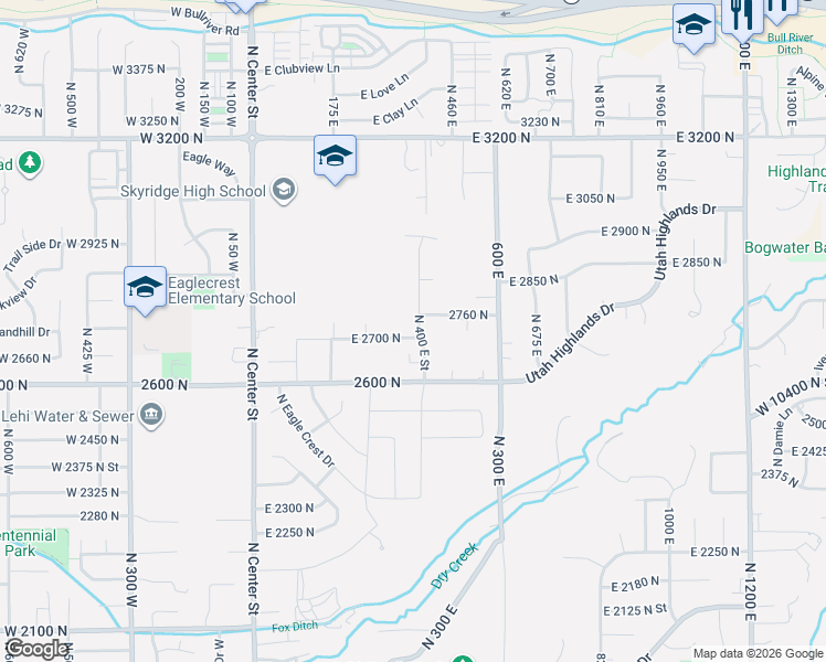 map of restaurants, bars, coffee shops, grocery stores, and more near 2702 North 400 East Street in Lehi