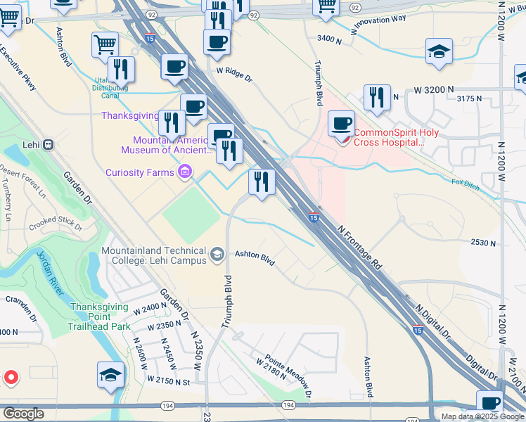 map of restaurants, bars, coffee shops, grocery stores, and more near Crooked Street in Lehi