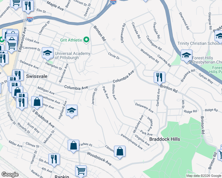 map of restaurants, bars, coffee shops, grocery stores, and more near 986 Illinois Avenue in Pittsburgh