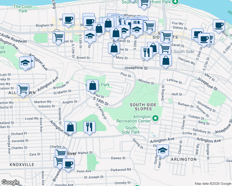 map of restaurants, bars, coffee shops, grocery stores, and more near 1930 Shamokin Street in Pittsburgh