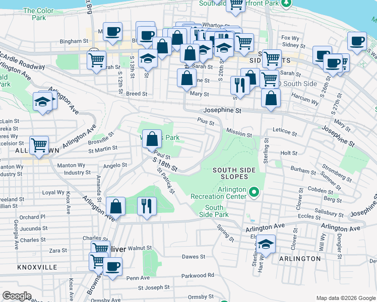 map of restaurants, bars, coffee shops, grocery stores, and more near 1930 Shamokin Street in Pittsburgh
