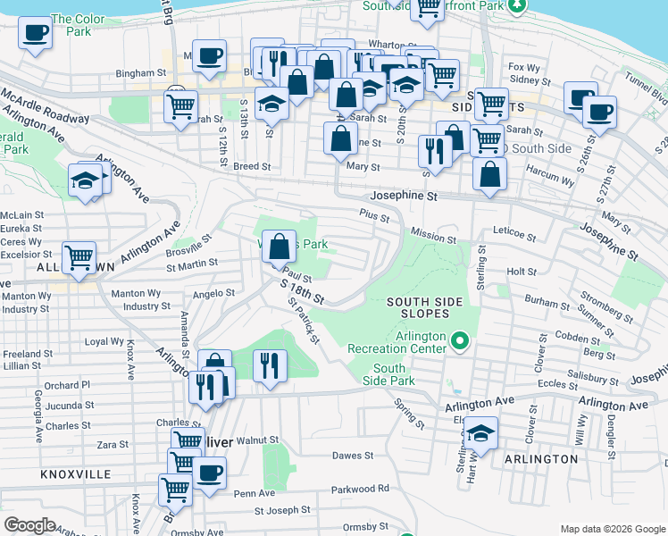 map of restaurants, bars, coffee shops, grocery stores, and more near 1822 Saint Paul Street in Pittsburgh