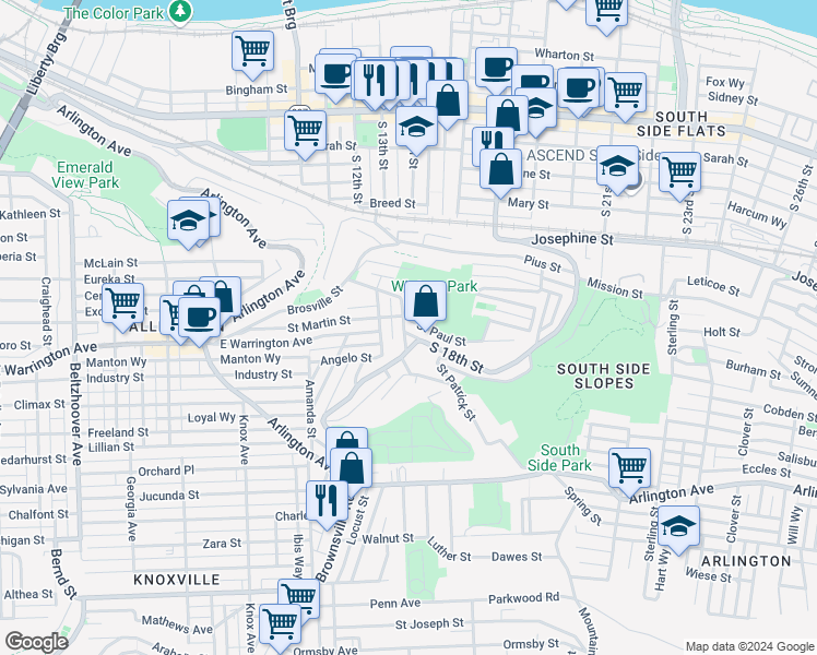map of restaurants, bars, coffee shops, grocery stores, and more near in Pittsburgh