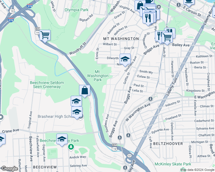map of restaurants, bars, coffee shops, grocery stores, and more near 556 Southern Avenue in Pittsburgh