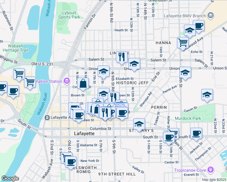 map of restaurants, bars, coffee shops, grocery stores, and more near 806 Brown Street in Lafayette