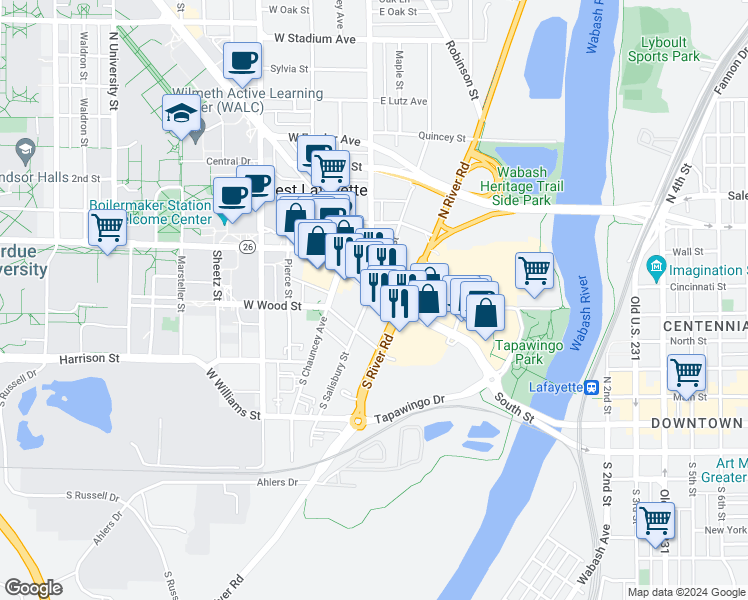map of restaurants, bars, coffee shops, grocery stores, and more near 112 East Wood Street in West Lafayette