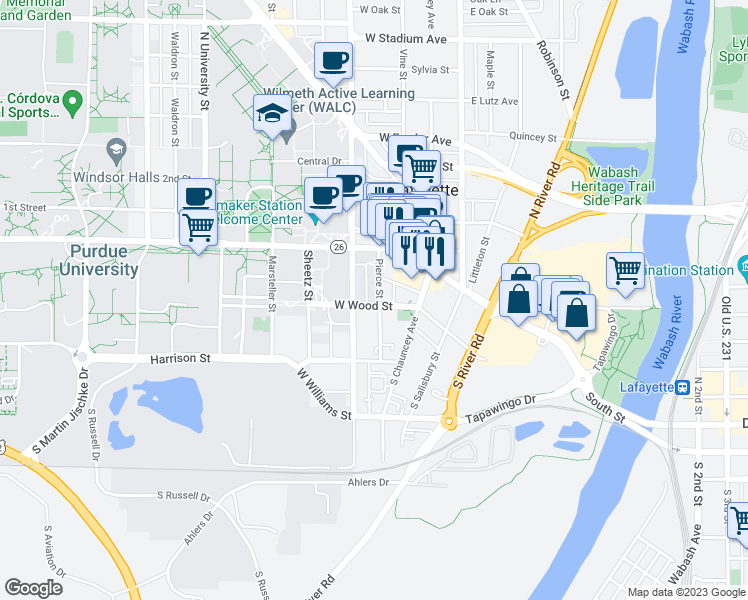 map of restaurants, bars, coffee shops, grocery stores, and more near 261 West Wood Street in West Lafayette