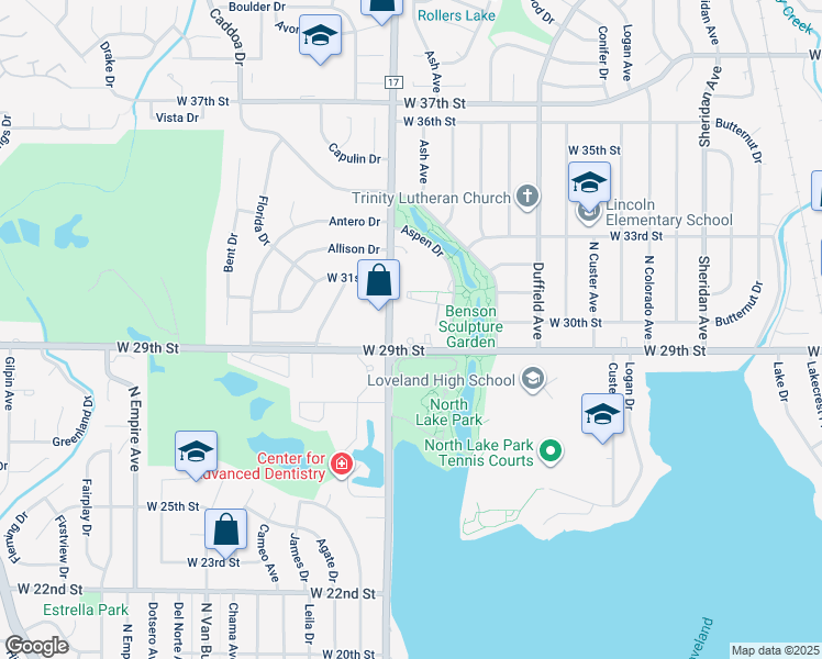 map of restaurants, bars, coffee shops, grocery stores, and more near 1365 West 29th Street in Loveland