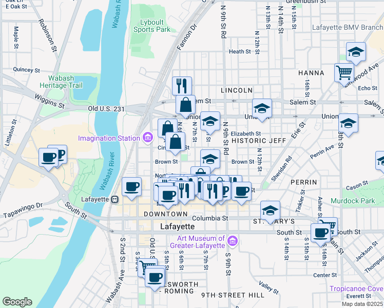 map of restaurants, bars, coffee shops, grocery stores, and more near 514 North 7th Street in Lafayette