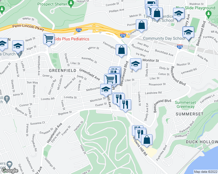 map of restaurants, bars, coffee shops, grocery stores, and more near 4250 Murray Avenue in Pittsburgh