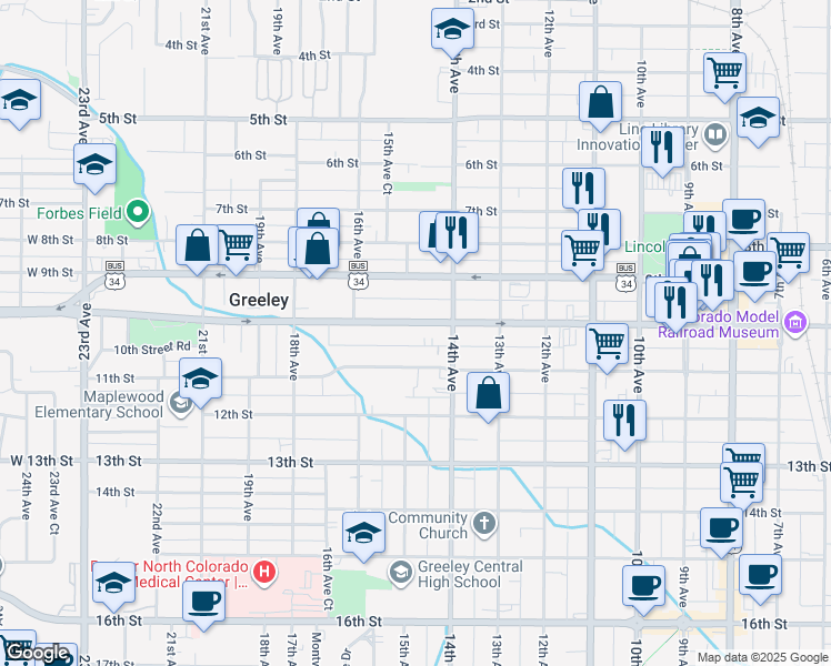 map of restaurants, bars, coffee shops, grocery stores, and more near 1428 10th Street in Greeley
