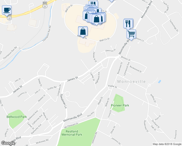 map of restaurants, bars, coffee shops, grocery stores, and more near 148 Center Street in Monroeville