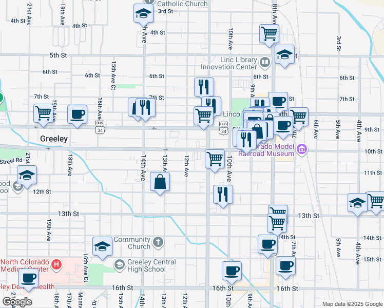 map of restaurants, bars, coffee shops, grocery stores, and more near 1124 10th Street in Greeley