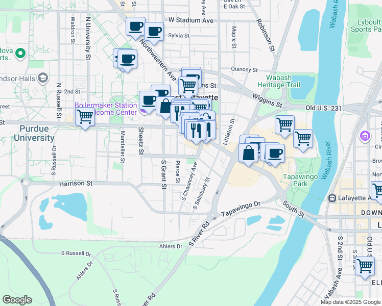 map of restaurants, bars, coffee shops, grocery stores, and more near 210 West Wood Street in West Lafayette
