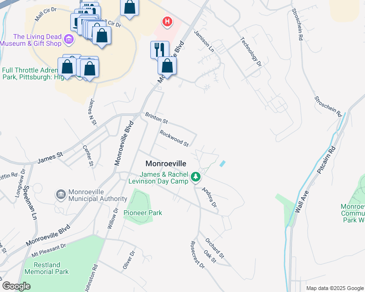 map of restaurants, bars, coffee shops, grocery stores, and more near 124 Rockwood Street in Monroeville