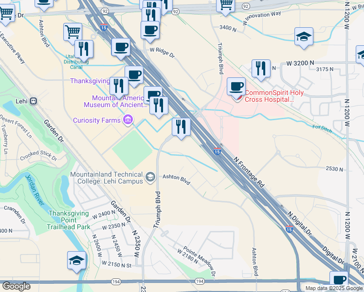 map of restaurants, bars, coffee shops, grocery stores, and more near 2801 North Thanksgiving Way in Lehi