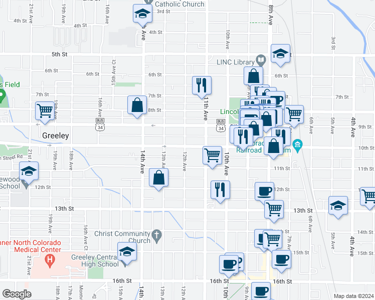 map of restaurants, bars, coffee shops, grocery stores, and more near 1015 12th Avenue in Greeley