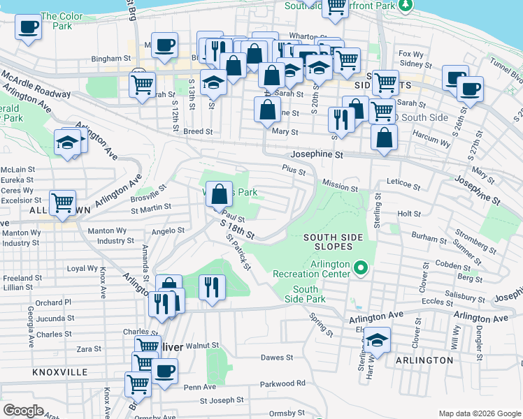 map of restaurants, bars, coffee shops, grocery stores, and more near 1822 Saint Paul Street in Pittsburgh