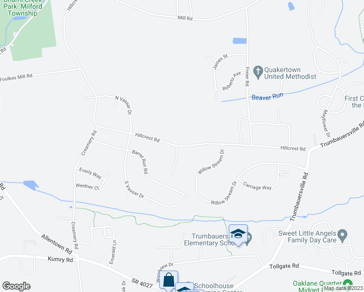 map of restaurants, bars, coffee shops, grocery stores, and more near 2310 Hillcrest Road in Quakertown