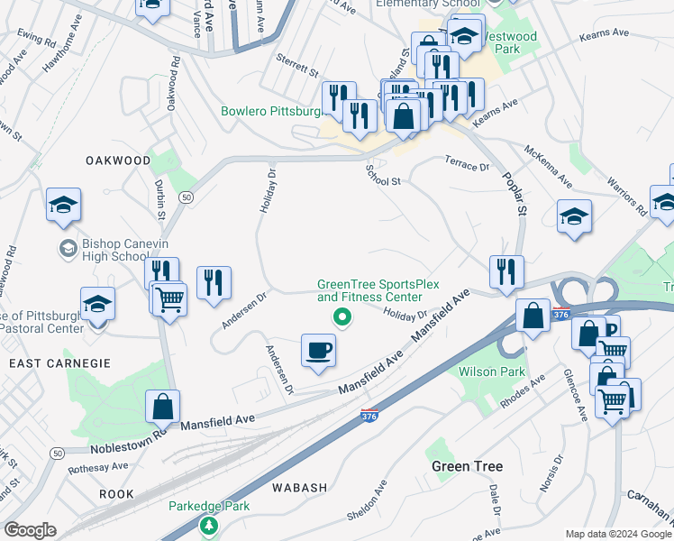 map of restaurants, bars, coffee shops, grocery stores, and more near 501 Holiday Drive in Pittsburgh