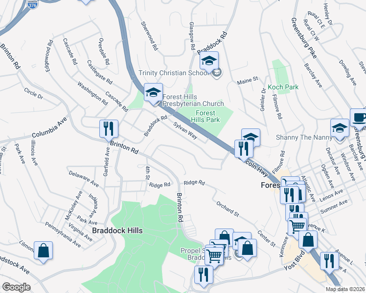 map of restaurants, bars, coffee shops, grocery stores, and more near 134 Fairfax Road in Pittsburgh