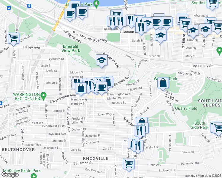 map of restaurants, bars, coffee shops, grocery stores, and more near 1107 Arlington Avenue in Pittsburgh