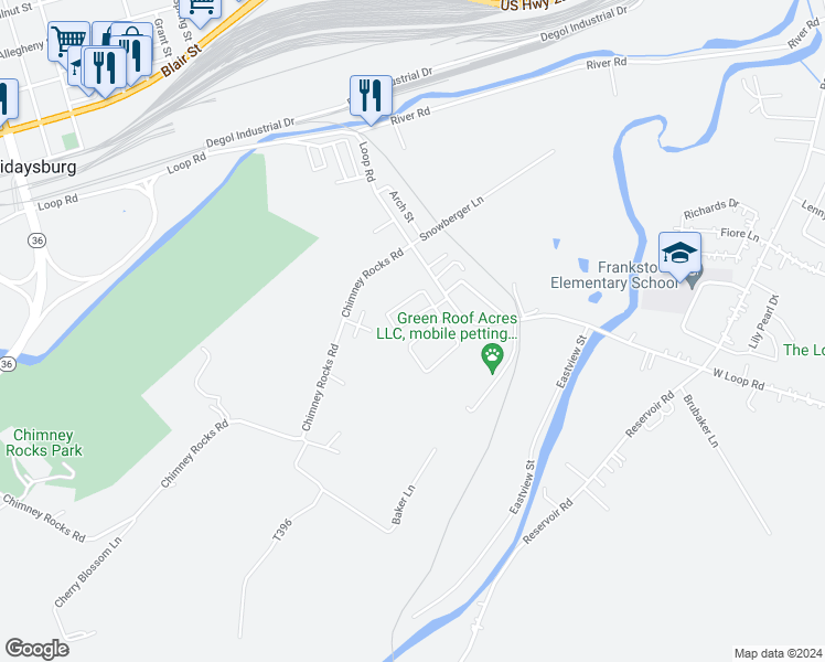 map of restaurants, bars, coffee shops, grocery stores, and more near 216-226 Sycamore Drive in Hollidaysburg