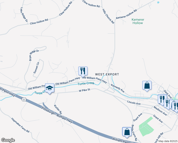 map of restaurants, bars, coffee shops, grocery stores, and more near 5550 Old William Penn Highway in Export