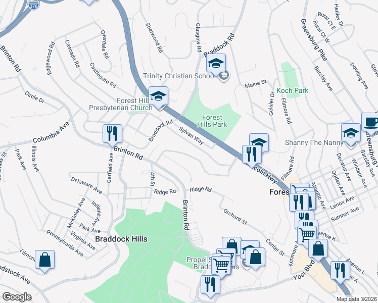 map of restaurants, bars, coffee shops, grocery stores, and more near 134 Fairfax Road in Pittsburgh