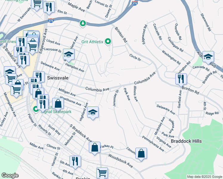 map of restaurants, bars, coffee shops, grocery stores, and more near 2522 Columbia Avenue in Pittsburgh