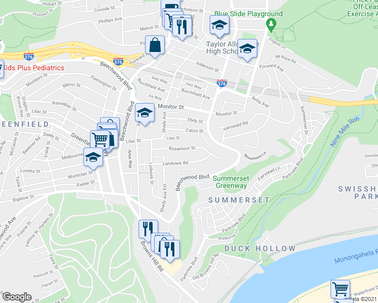 map of restaurants, bars, coffee shops, grocery stores, and more near 6635 Landview Road in Pittsburgh