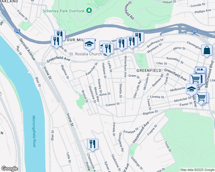 map of restaurants, bars, coffee shops, grocery stores, and more near 4241 Haldane Street in Pittsburgh